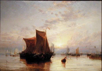 Niederländische Boote bei Sonnenaufgang in der Flaute