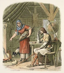 Alfred in der Hütte des Hirten, um 878 n. Chr., aus A Chronicle of England BC 55 to AD 1485, veröffentlicht in London