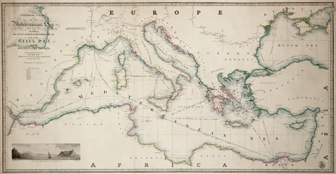 Generalkarte des Mittelmeers einschließlich des Golfs von Venedig, des Archipels und eines Teils des Schwarzen Meers mit den Routen der Paketdampfer