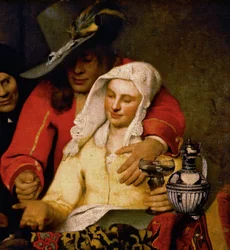 Ein Mann hält einer Frau, die ihre Brust berührt, eine Münze hin, Detail aus „Bei der Kupplerin“