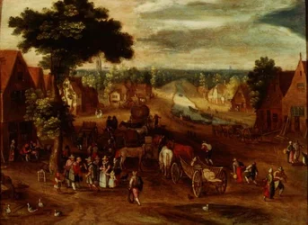 Ein Dorf mit Reisenden vor einem Gasthaus