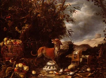 Ein Jagdstillleben mit toten Vögeln, Vogelkäfigen, Obst und einem Hund in einer Laube in einer Landschaft