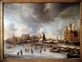 Winterlandschaft. Schlittschuhläufer auf einem zugefrorenen See