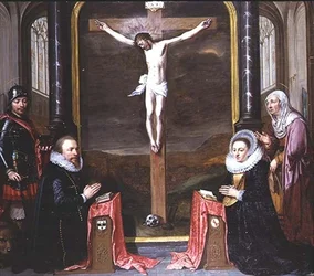Eine Kreuzigung mit Porträts der Stifter Adriaen Meusyenbroeck und seiner Frau Anna Elant, begleitet von St. Adrian und St. Elisabeth