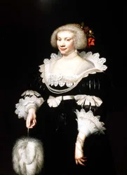 Porträt einer Dame in einem schwarzen Kleid mit Spitzenkragen und Spitzenmanschetten