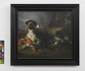 Ein Jagdhund mit einem Fleischstück neben einer wütenden Katze, ca. 1647-55