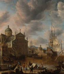 Ein mediterraner "capriccio" Hafen mit Figuren, die sich auf einem Kai unterhalten, und ein niederländischer Dreimaster, der dahinter anlegt, 1665