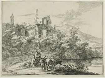 Landschaft mit Ruinen und zwei Kühen am Wasser, aus einer Serie von vier horizontalen römischen Landschaften