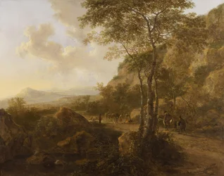 Berglandschaft mit Maultiertreibern auf einem Weg