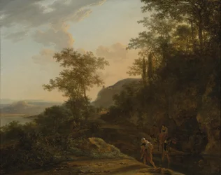 Südliche Landschaft mit Reisenden an einer Furt