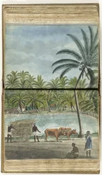 Ceylon-Landschaft mit einem Ochsenkarren, einem hockenden Singhalesen und einem schwarzen Gerichtsdiener