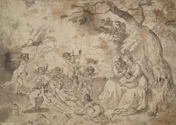 Die Jungfrau Maria und St. Joseph und das Christkind, St. Johannes und Engel spielen mit den Instrumenten der Passion