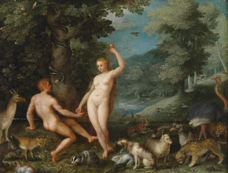 Paradieslandschaft mit Eva, die Adam verführt