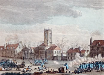 Schlacht vor der Eglise de la Chapelle, Paris, zwischen den Wächtern der Barrieren der Fermiers Generaux und den Revolutionären am 24. Januar 1791, ca. 1795
