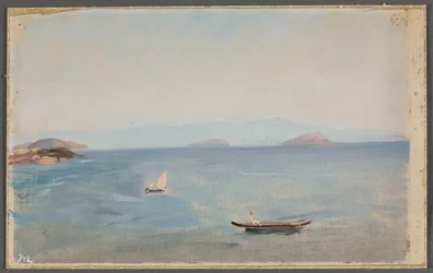 Blick auf eine bergige Küste am Meer. Von einer Reise nach Konstantinopel