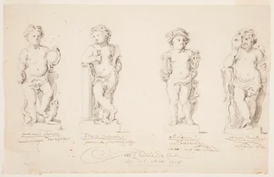 Zeichnung, Entwürfe für Statuen: "Weisheit", "Beständigkeit", "Eloquenz", "Verkleideter Amor", 1726