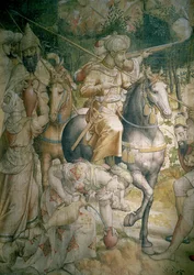 Kampagne von Kaiser Karl V. gegen die Türken in Tunis 1535: Die Niederlage der Türken in der Schlacht von Goletta, Detail von Kavalleristen, die ihren Durst stillen