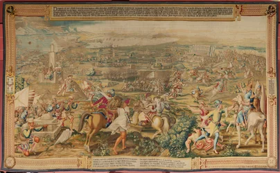 Flämischer Wandteppich. Serie Die Eroberung von Tunis. Der Angriff auf La Goleta. Vierter Wandteppich der Serie. Modell Jan Vermeyen und Pieter Coecke van Aelst. 1543-1548. Herstellung Real Fábrica de Tapices de Santa Bárbara, Madrid