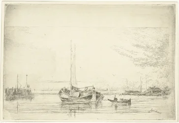 Flussansicht mit Boot und Ruderboot