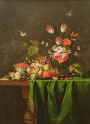 Stillleben mit Früchten und Blumen sowie einem Papagei auf einem mit einem grünen Tuch bedeckten Tisch