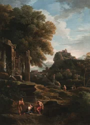 Eine klassische Landschaft mit Figuren im Vordergrund, Ruinen links und eine Figur in der Mitte, die ein Opfer darbringt