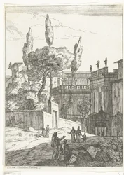 Italianisierende Landschaft mit antiken Gebäuden und Figuren