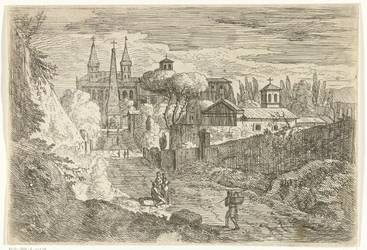 Italianisierende Landschaft mit Reisenden bei Stadtmauern