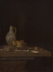 Stilleben mit Steingutkrug und Kohlenbecken