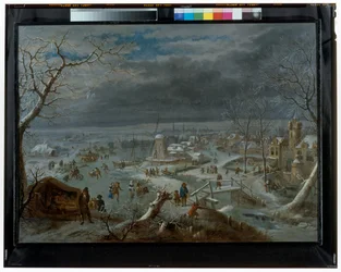 Winterlandschaft mit Schlittschuhläufern auf einem gefrorenen Teich bei einem Dorf
