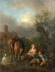 Landschaft mit Figuren, einem Pferd und einem Hund