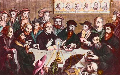 Das Licht wird auf den Leuchter gestellt - Kupferstich von Jan Houwens, der die Reformatoren John Calvin und Martin Luther zeigt. Imaginäres Treffen der Reformatoren: John Wyclif