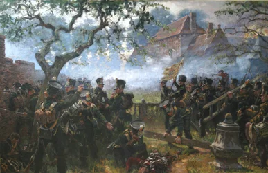 Nassau-Truppen bei Hougoumont während der Schlacht von Waterloo