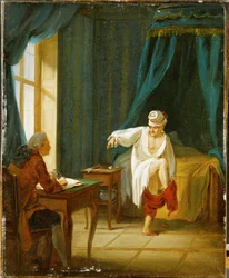 Voltaire in seinem Nachthemd, zieht seine Hose an, während er seinem Sekretär in seinem Haus in Fernet, Frankreich, diktiert