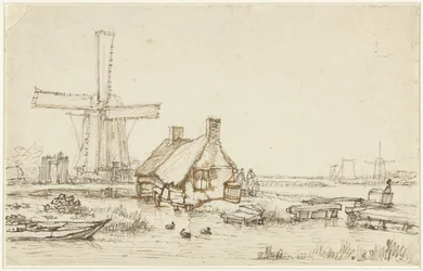 Landschaft mit Häusern und Windmühle