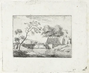 Landschaft mit Brücke und Bauernhof