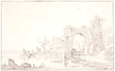 Flusslandschaft mit einer Ruine