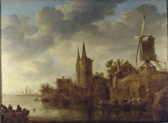 Eine Flusslandschaft mit einem Capriccio der Oostport, Delft, ca. 1644