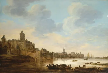 Eine Stadt am Ufer eines Flusses, mit einer Fähre, 1648
