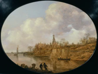 Drei Fischer ziehen ein Netz und Körbe am Ufer einer Flusslandschaft mit einem Schloss und einem Dorf in der Ferne
