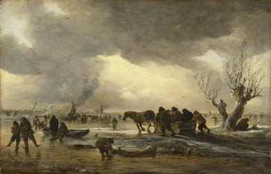 Winterszene mit einem Schlitten im Vordergrund und Figuren, die sich um ein Zelt auf dem Eis versammeln