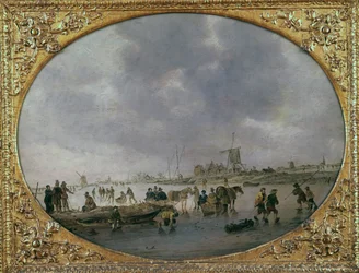 Winterszene mit Figuren auf einem zugefrorenen See