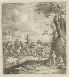 Landschaft mit einem Dorf und zwei Männern bei einem Baum