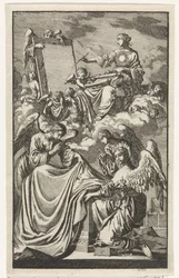 Allegorische Frauenfigur beschreibt in den Wolken ein Paneel