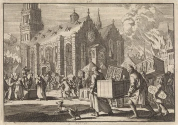 Einwohner von Speyer bringen vertrauensvoll ihre Möbel zum Dom, wo sie dann vom französischen General Monclar verbrannt werden, 1689