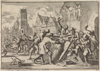 Aufruhr in Dordrecht, bei dem ein Bild von Cornelis de Witt vom Volk zerstört wird, 1672
