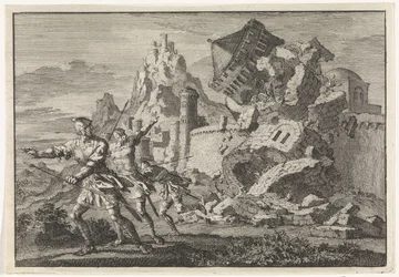 Römische Soldaten lassen einen Turm auf der Mauer von Gamala durch Untergrabung einstürzen