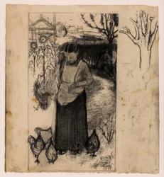 Annie Mankes-Zernike beim Hühner füttern, rechts: Studien eines Baumes und von Hühnern