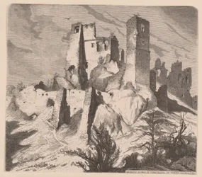 Ruinen der Burg in Odrzykoń, 1865 - Holzschnitt nach einer Zeichnung von Jan Matejko