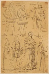 Schatzkästlein. Sieben Männer und Frauen in italienischen Trachten des XIII., XIV. und XV. Jahrhunderts.
