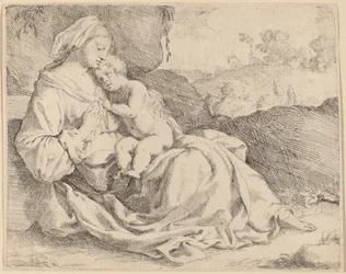 Die Jungfrau und das Kind auf einer grasbewachsenen Bank